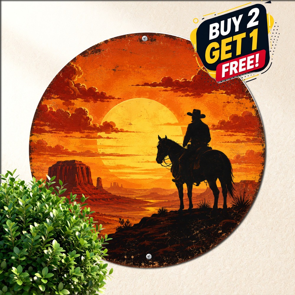 Western Cowboy Sunset Ride Weatherproof Circular Waterproof Metal Sign