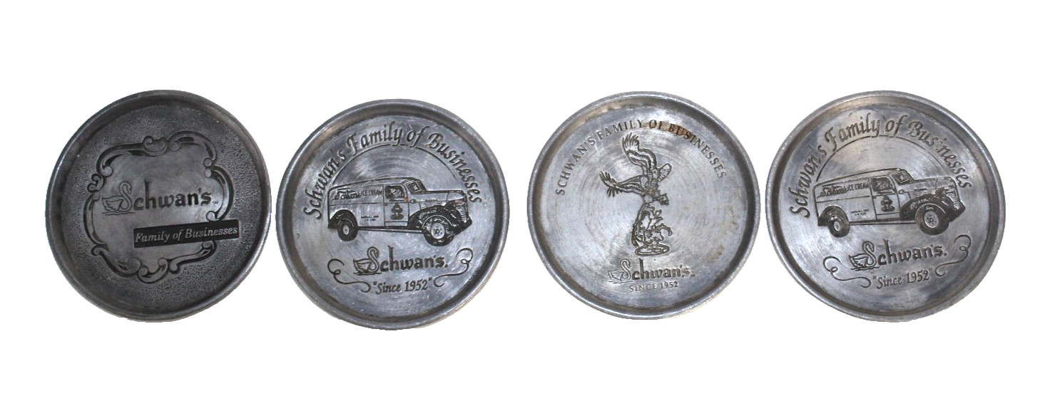 VTG Schwan's Family of Businesses Pewter Silver Color Metal Coasters Set of 4