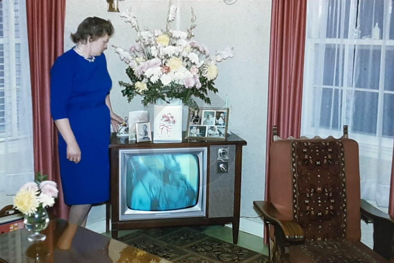 Classy Lady Standing Next to TV Playing McHale\'s Navy? - 1960\'s 35mm Slide