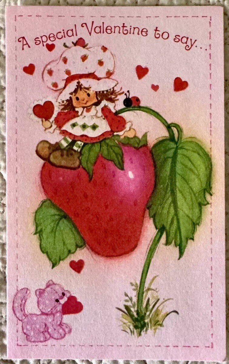 Unused Valentine Strawberry Shortcake Girl Cat Kitten Vtg Greeting Card 1980s