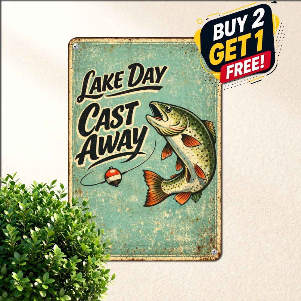 Lake House Angler Gone Fishing Sign Rustic Outdoor Sportsman Metal Tin Plaque