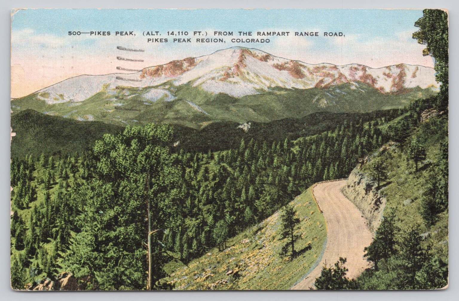 Pikes Peak Colorado 1941 Linen Postcard Rampart Range Road Vintage Scenic View Pikes Peak Colorado 1941 Linen Postcard Rampart Range Road Vintage Scenic View