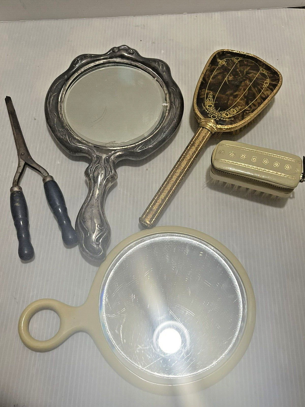 Vintage Vanity Brush, 2 Mirrors- Sliver/ Bakelite, Curling Iron, Manicure Set