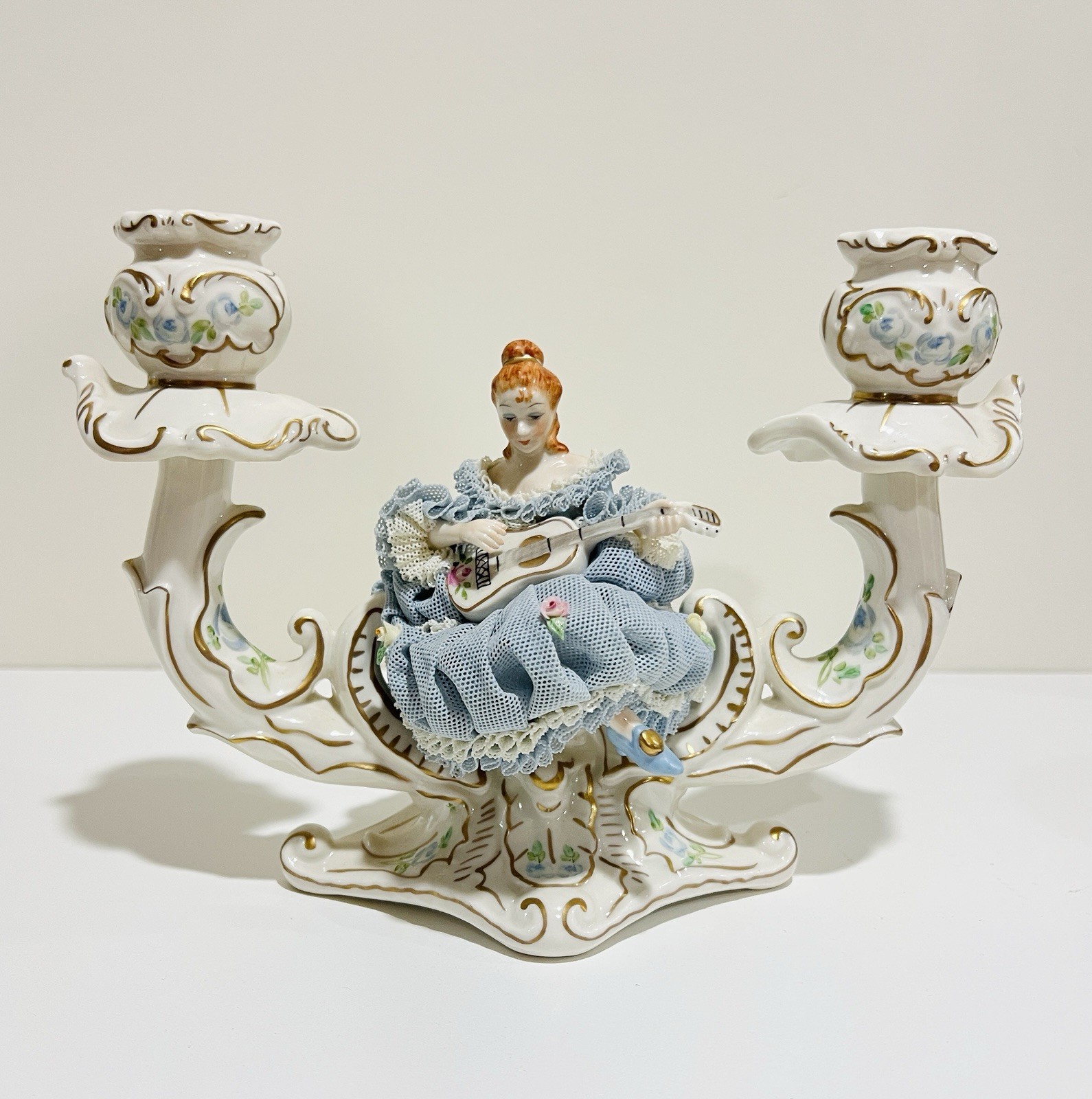 Irish MZ Dresden “Simone” 2 Candle Candelabra Porcelain Lace Figurine w/ Guitar Irish MZ Dresden “Simone” 2 Candle Candelabra Porcelain Lace Figurine w/ Guitar
