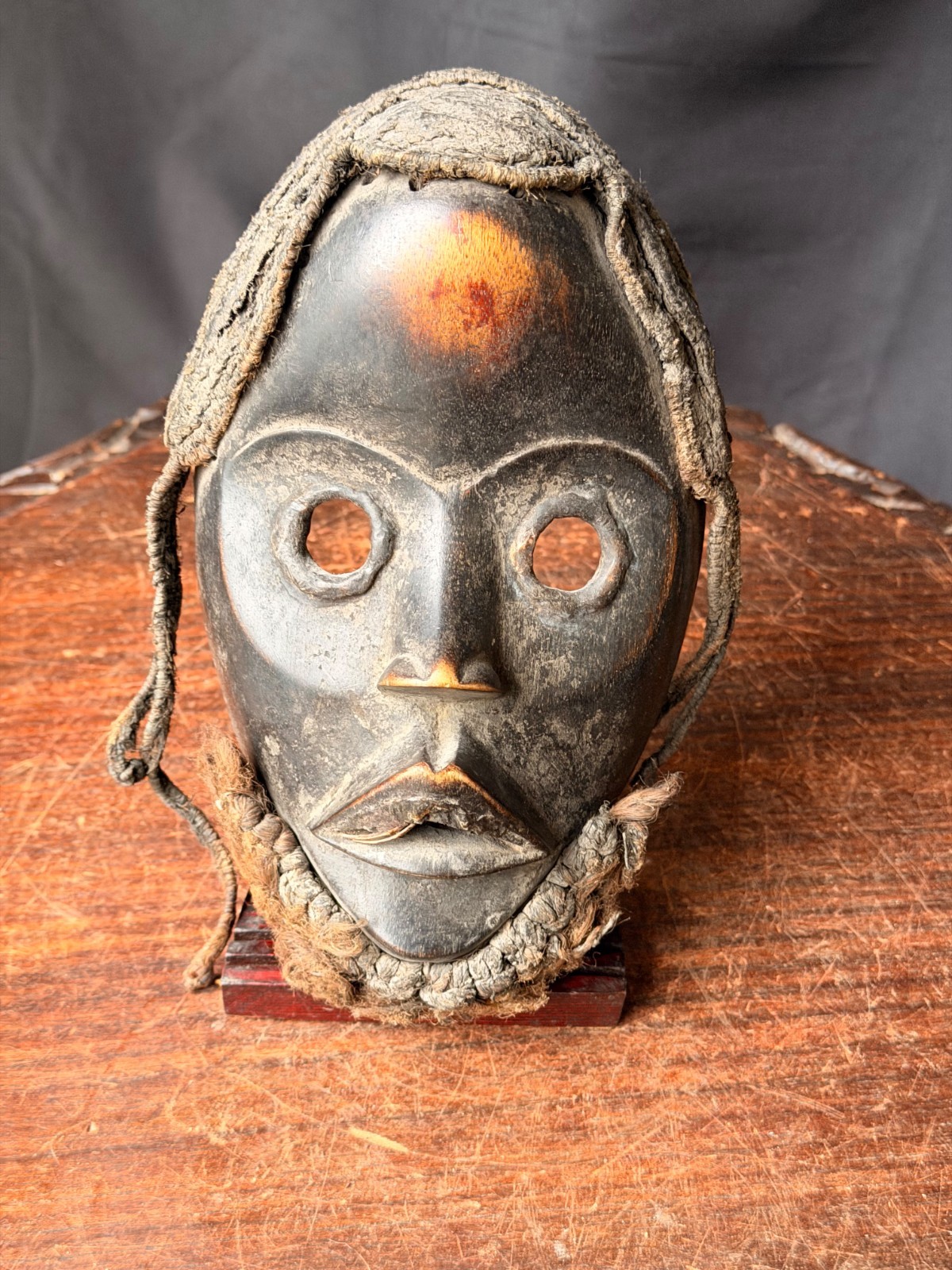 Vintage Dan Wood Mask Round Eyes Braided Fiber Hair Beard West African 8in