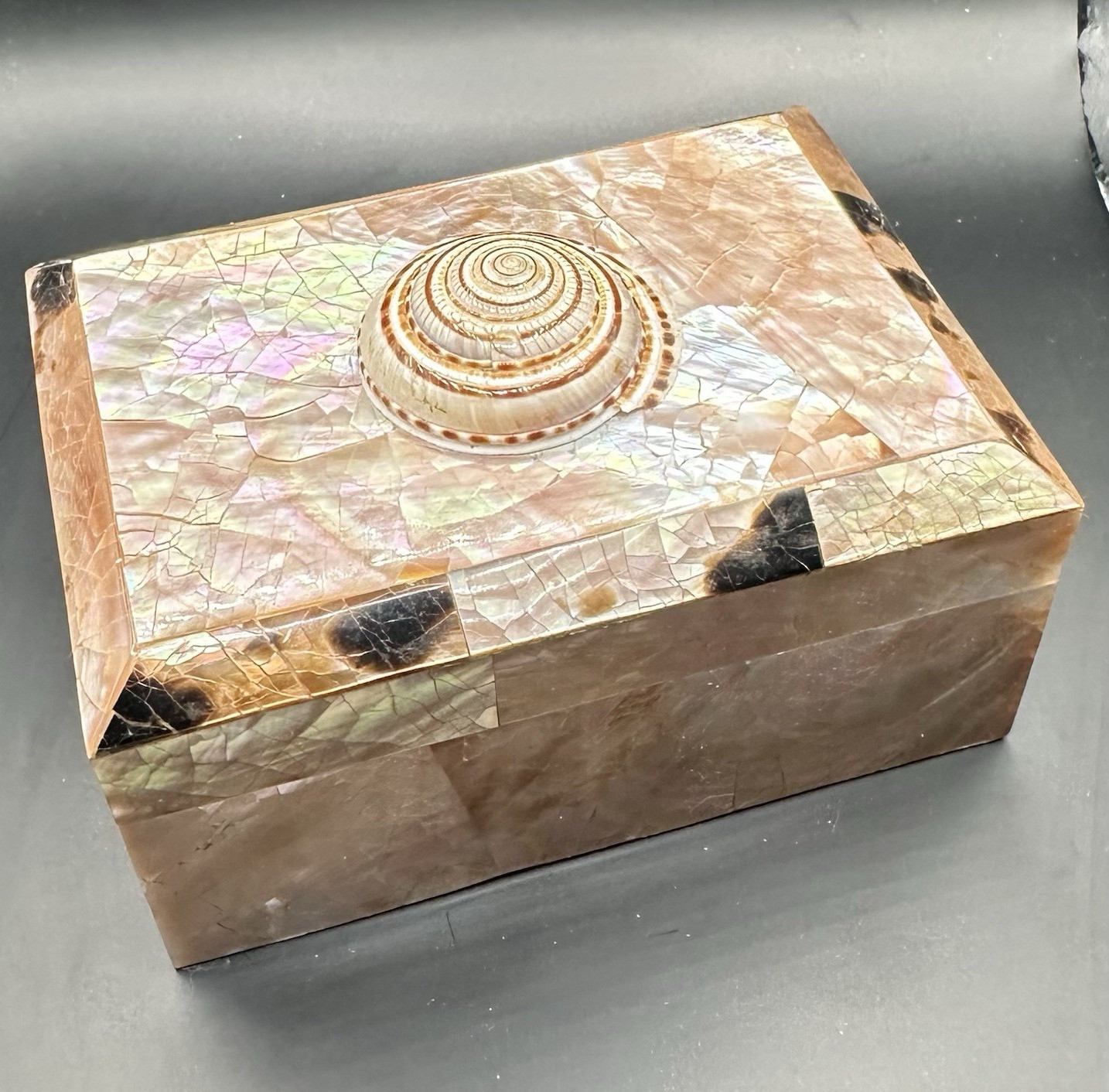 Vintage Gumps of SanFrancisco jewelry box. Pen shell box with turbo shell on lid
