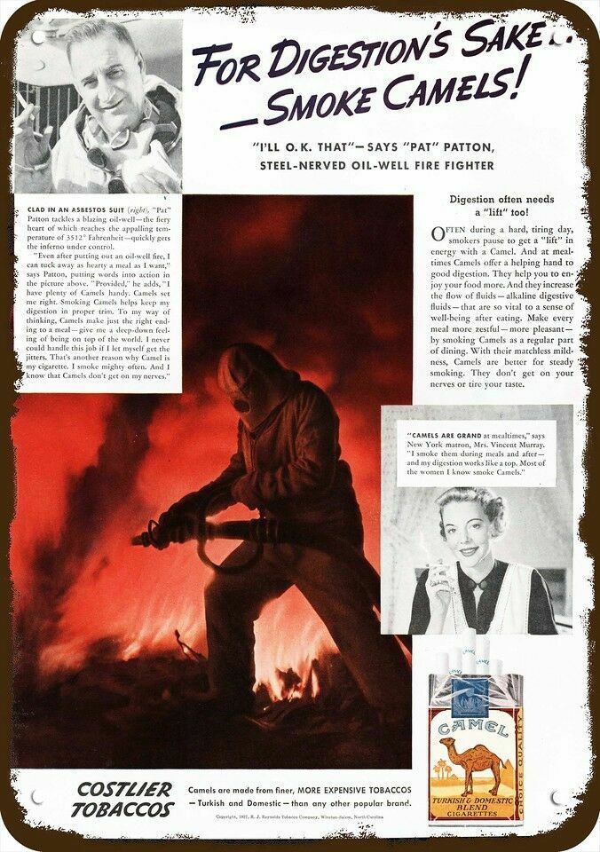 1937 Fireman Asbestos Suit Smokes Camel Vntge-Look DECORATIVE REPLICA METAL SIGN