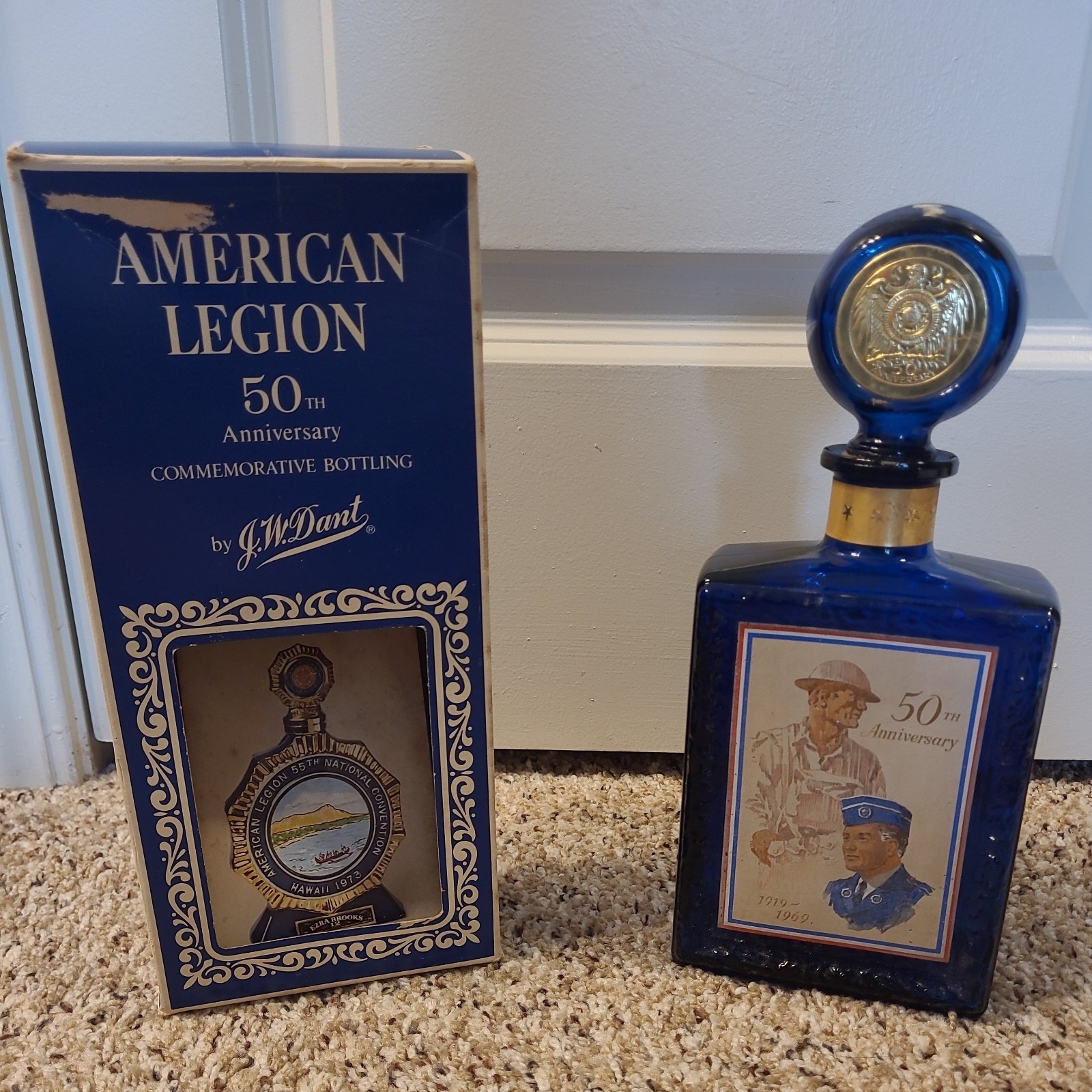 J. W. Dant Whiskey Decanter American Legion 50th Cobalt Blue Patriotic