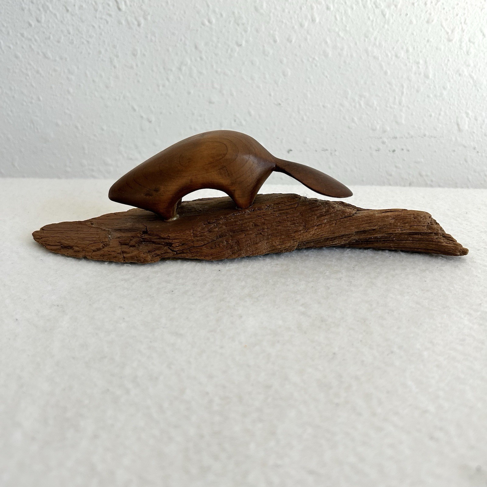 Beaver Carving Handcrafted Figurine on Bark Wood Natural Vintage Sculpture