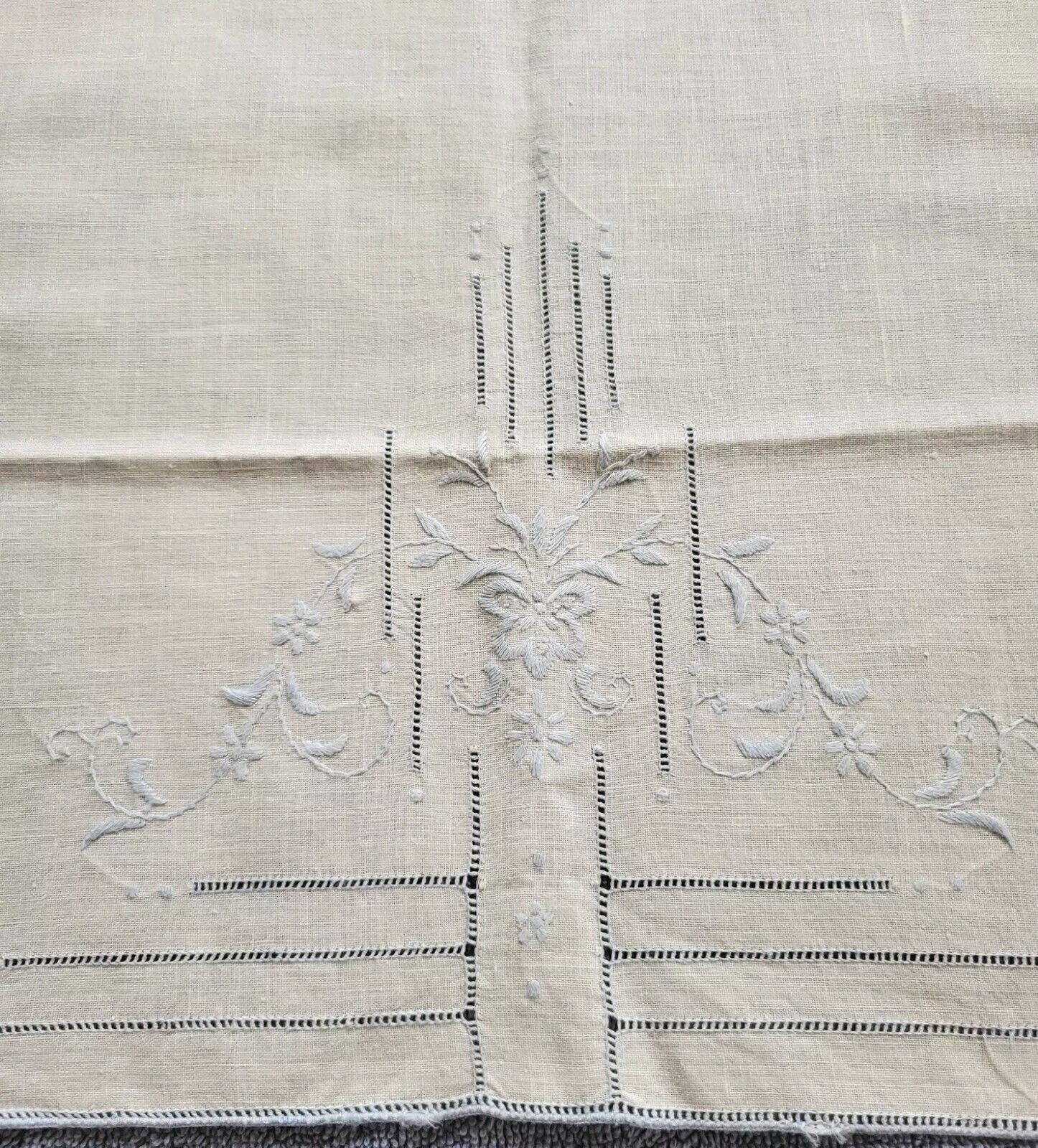 Antique Linen Runner Hand Embroidered Textile Light Blue Floral and Open Work