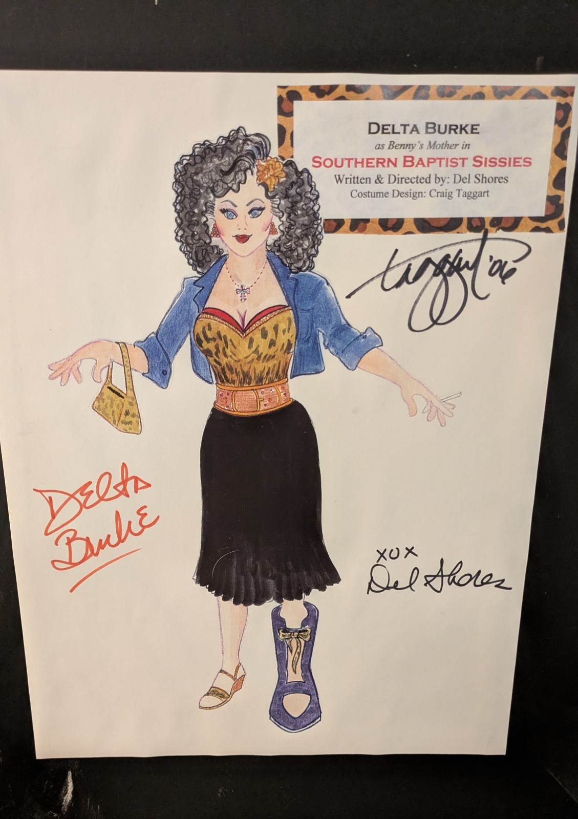 Costume Sketch SIGNED Delta Burke, Del Shores, Taggort Southern Baptist Sissies