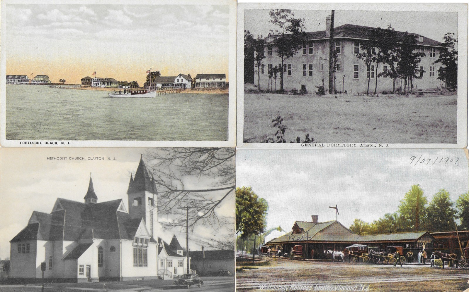 4 N.J. Postcards - FORTESQUE BEACH / AMATOL / CLAYTON / WEST JERSEY R.R. STATION