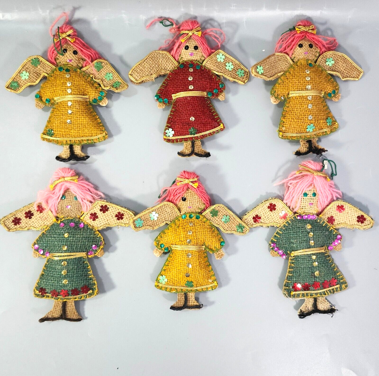 Rustic Vintage Xmas Ornaments Burlap Knit Angels 6” Doll 1970s Holiday Lot of 6