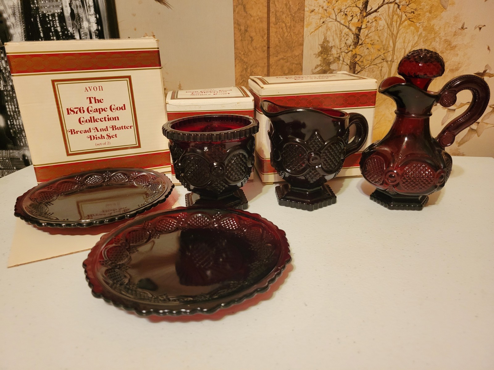 Vtg Avon Cape Cod Ruby Red Lot Sugar Creamer Cruet Butter Bread Dish 3 Boxes