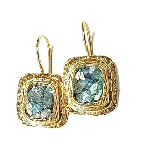  Roman Glass 18 K Gold Plated Earrings Ancient 200 B.C Rectangle Hook Earrings 