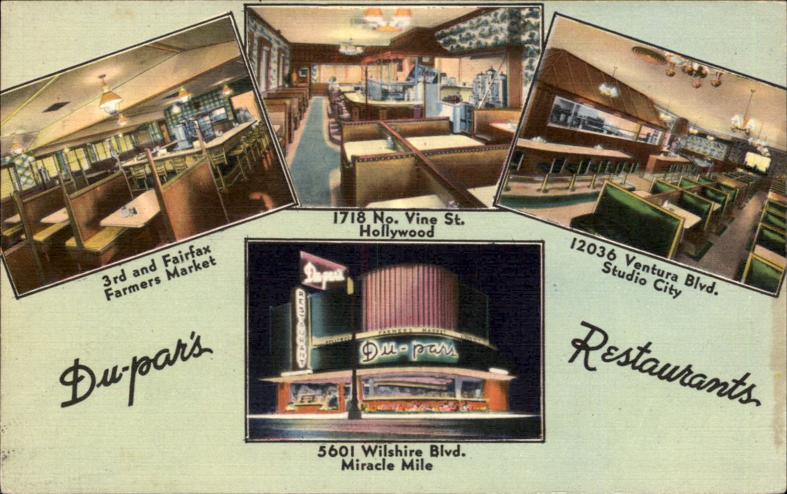 Los Angeles CA Du-Par's Restaurants D. Colapietro c1940s-50s Vintage Postcard Los Angeles CA Du-Par's Restaurants D. Colapietro c1940s-50s Vintage Postcard