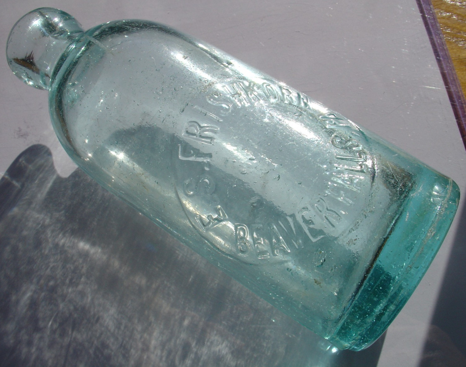 Vtg Antique ES Frishkorn Beaver Falls PA Blob Top Blue Glass Bottle