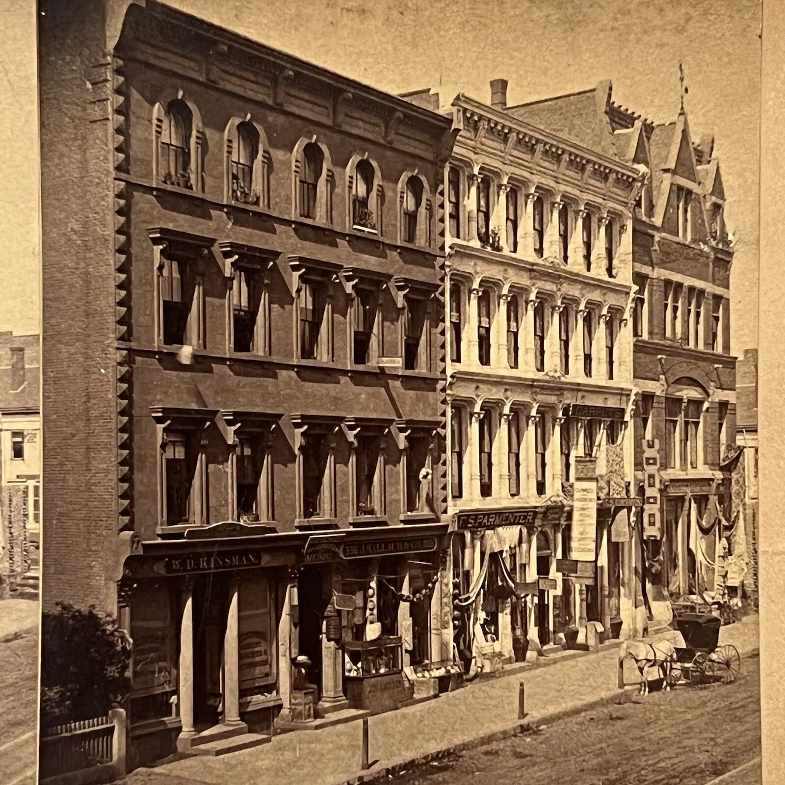 Antique Stereoview Card Milan P Warner 1878 Springfield MA Horse Buggy Street