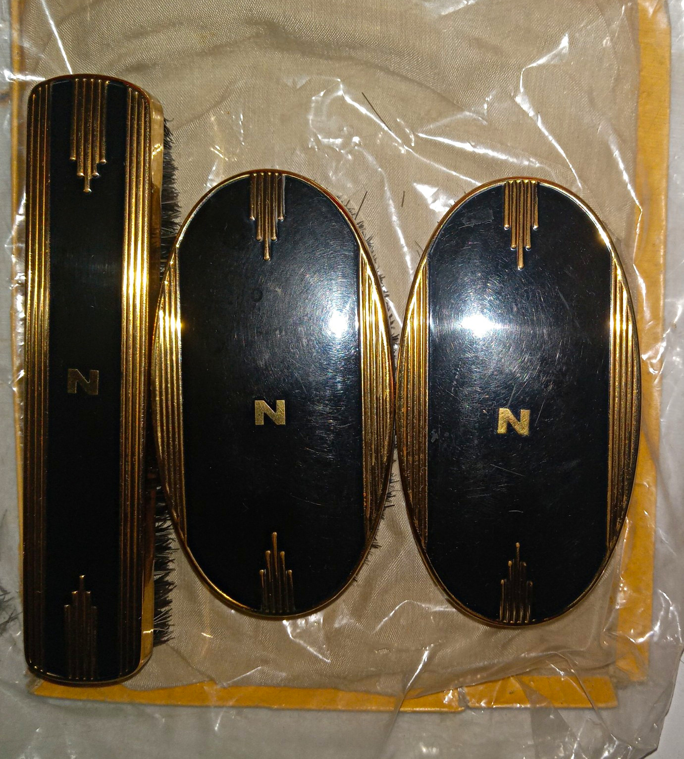 Vintage 3-Piece Black & Gold Vanity Hair Brush Set, Letter N Monogram
