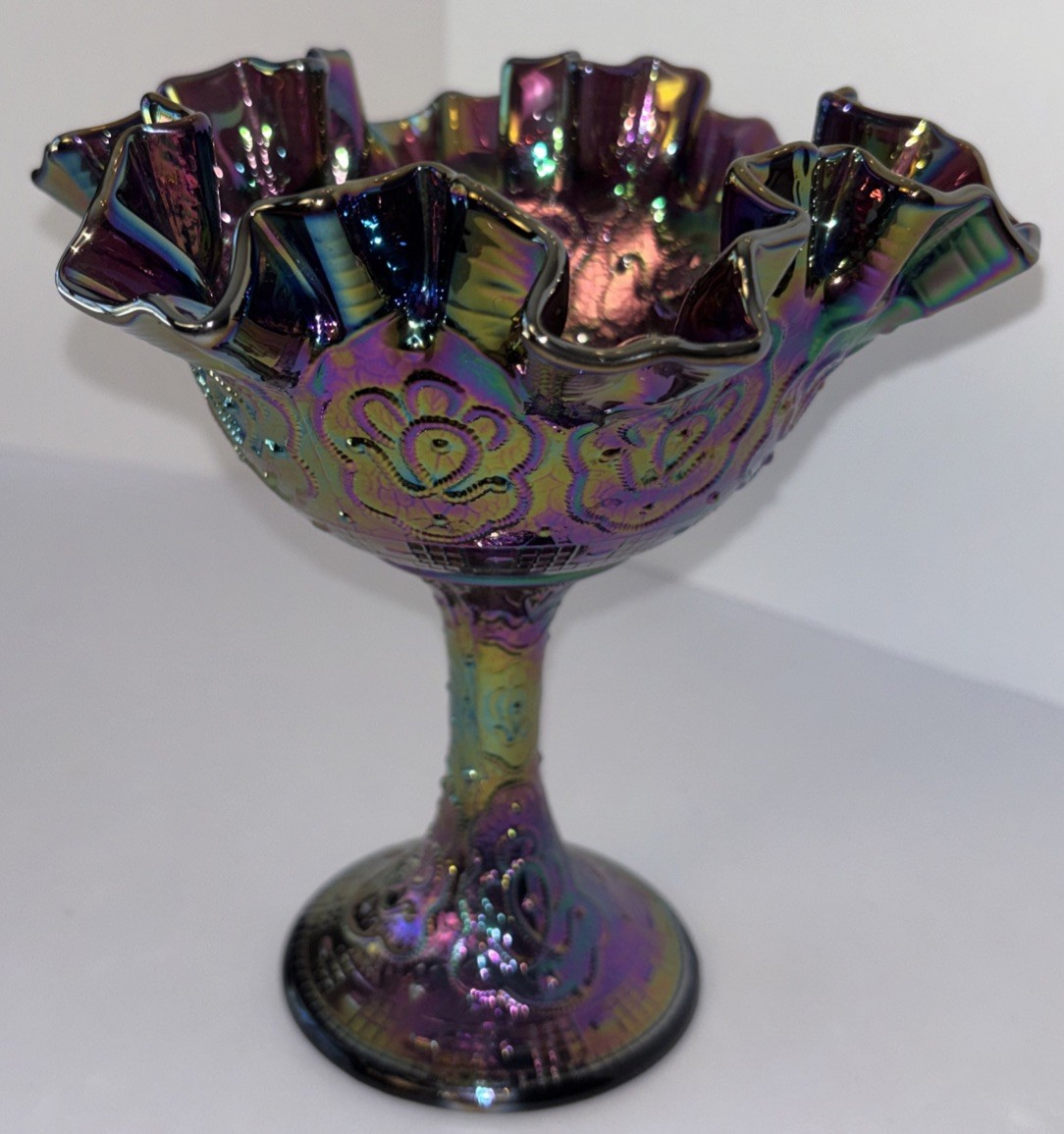 Fenton Vtg Persian Medallion Purple Amethyst Ruffle Footed Bowl Bonbon Marked Fenton Vtg Persian Medallion Purple Amethyst Ruffle Footed Bowl Bonbon Marked