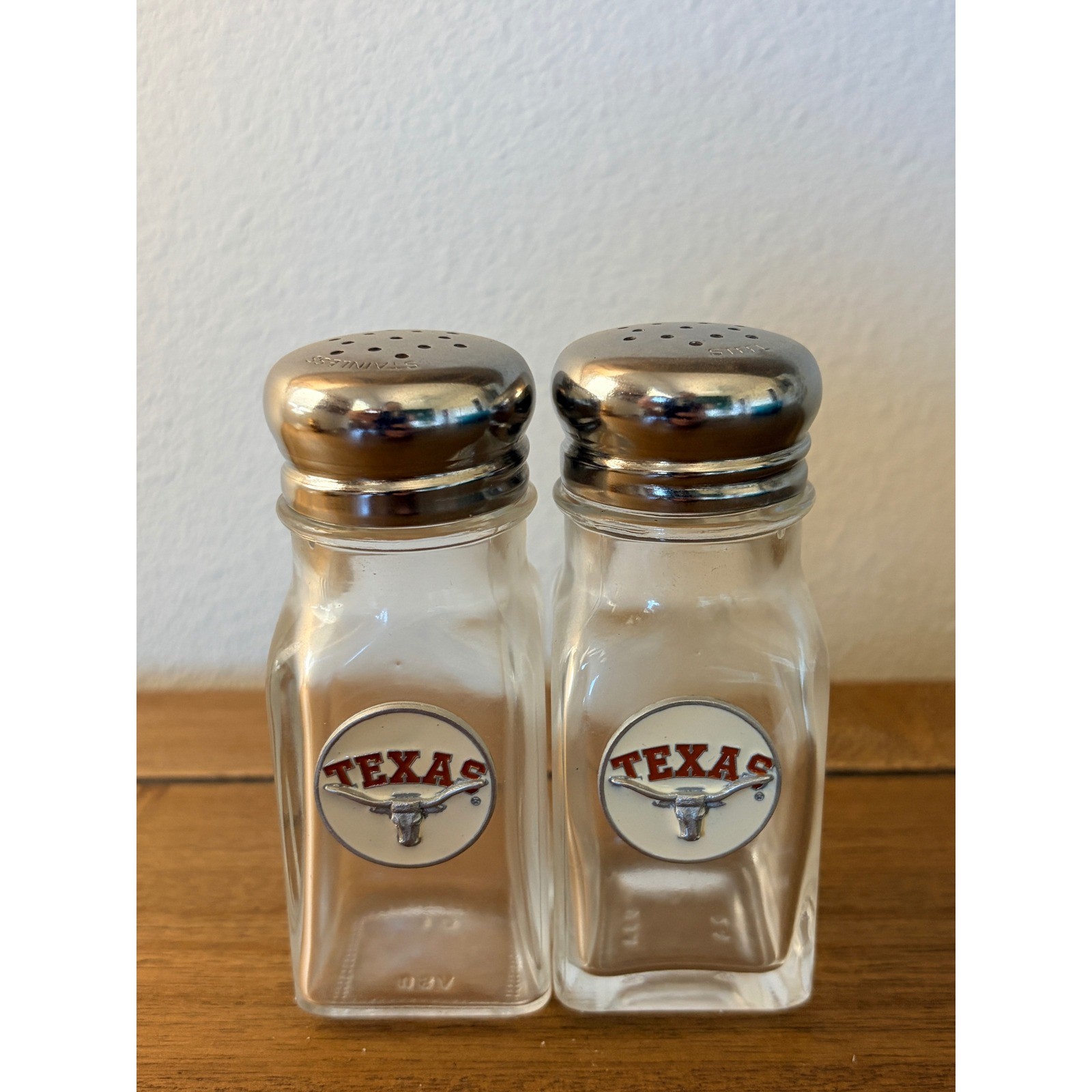 Vintage Texas Longhorn Glass Salt and Pepper Shakers Set Made in USA Stainless