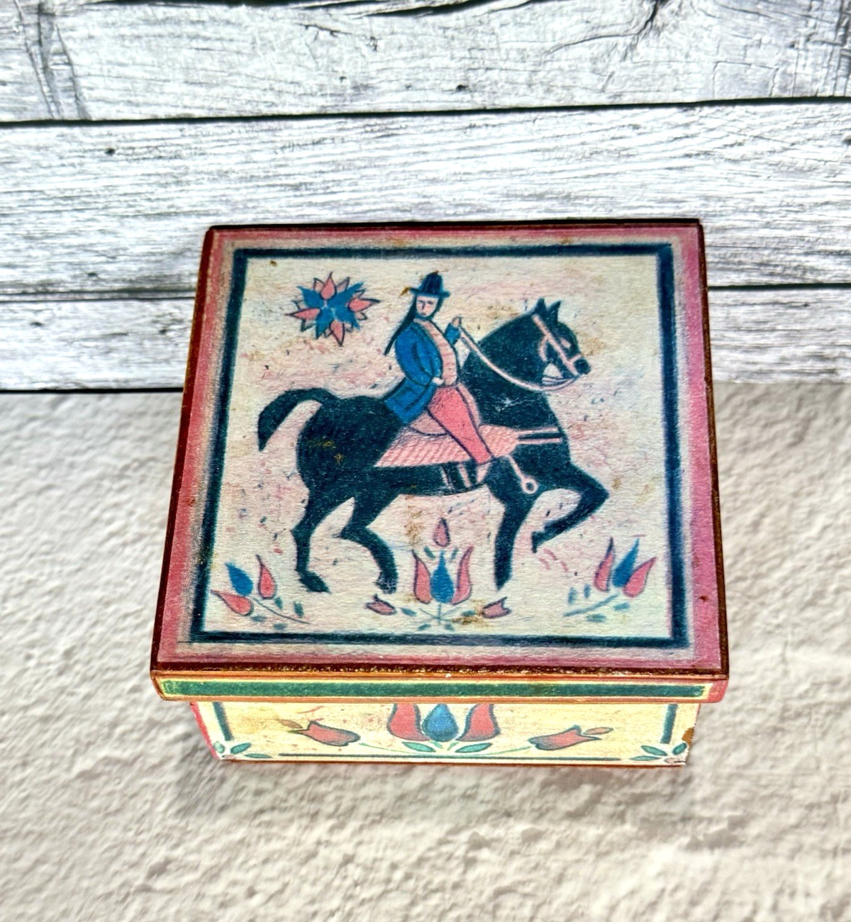 Vintage Hand Painted Wooden Trinket Jewelry Box • Black Horse Rider • Floral Lid
