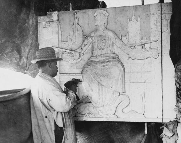 Stone carver work an allegorical stone relief depicting a goddess  Old Photo