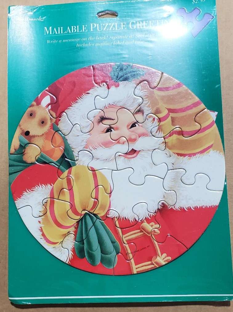 Hallmark Vintage 6in Round Mailable Puzzle.. Sealed~Santa With Bag