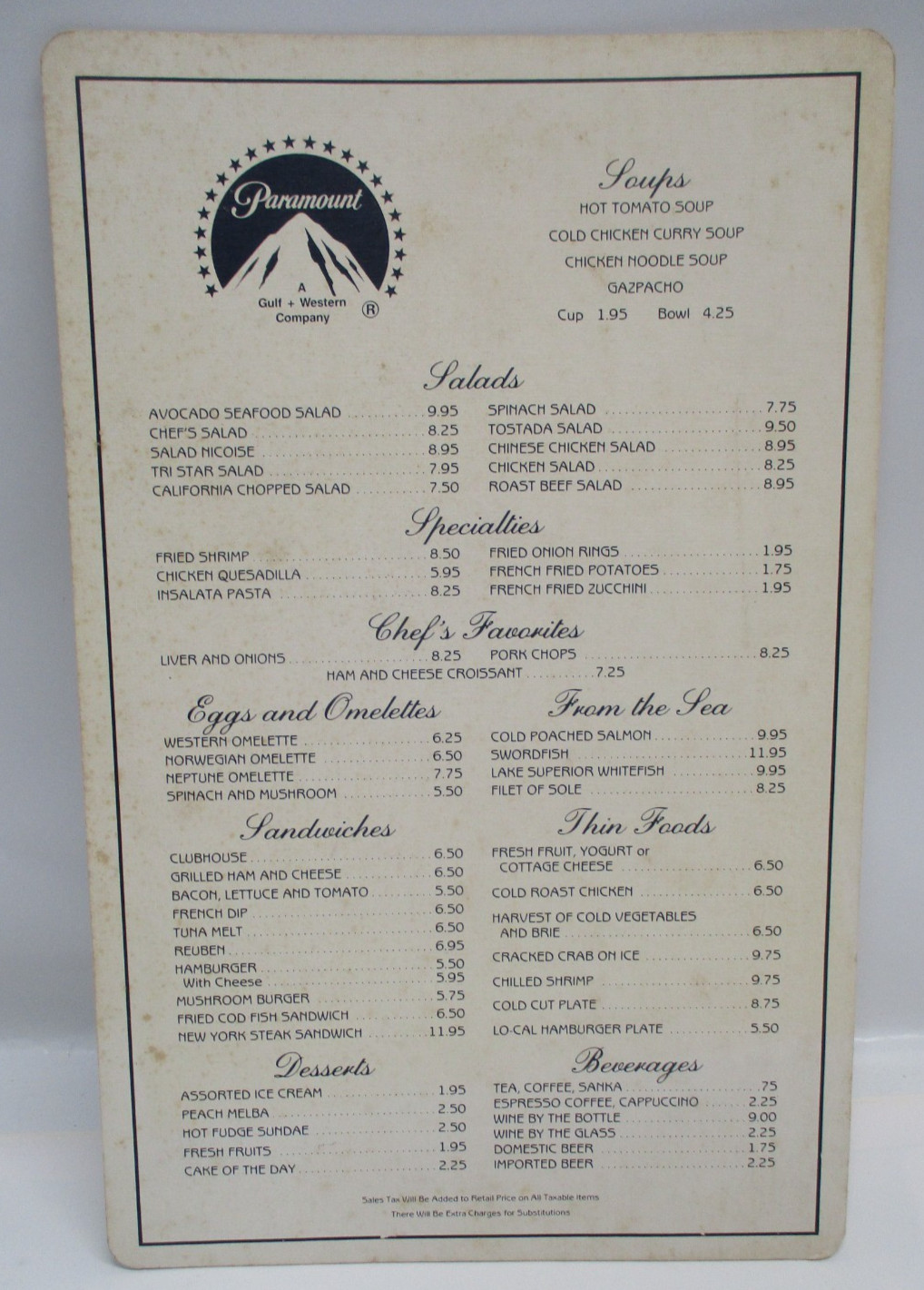 Vintage PARAMOUNT Commissary MENU Fancy Embossed 9\