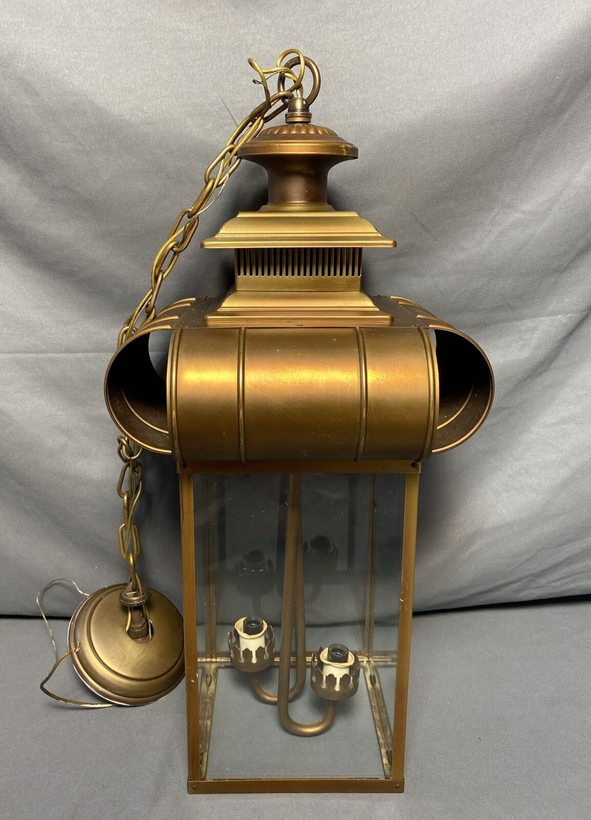 Vintage Moe Light 22” Brass & Glass Lantern Pendant Ceiling Light