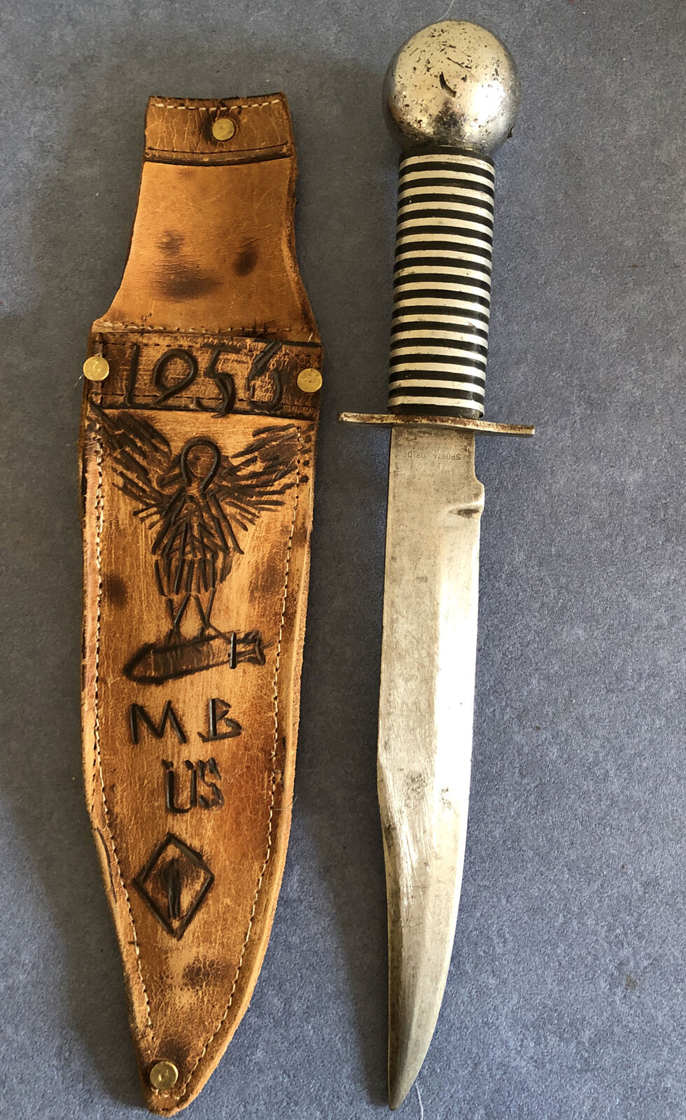 Vintage American Trench Knife, Original Custom Made  Leather Sheaf.