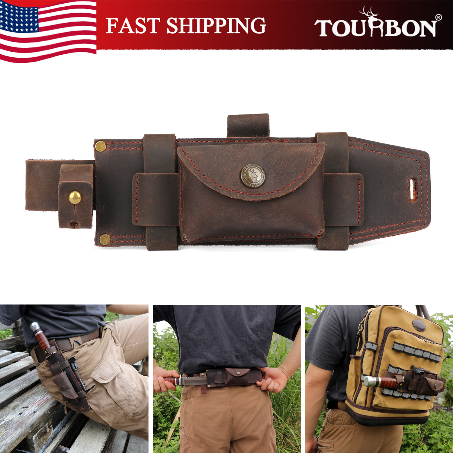 TOURBON Survival Leather Tracker Knife Sheath Horizontal Belt Holster with Pouch TOURBON Survival Leather Tracker Knife Sheath Horizontal Belt Holster with Pouch