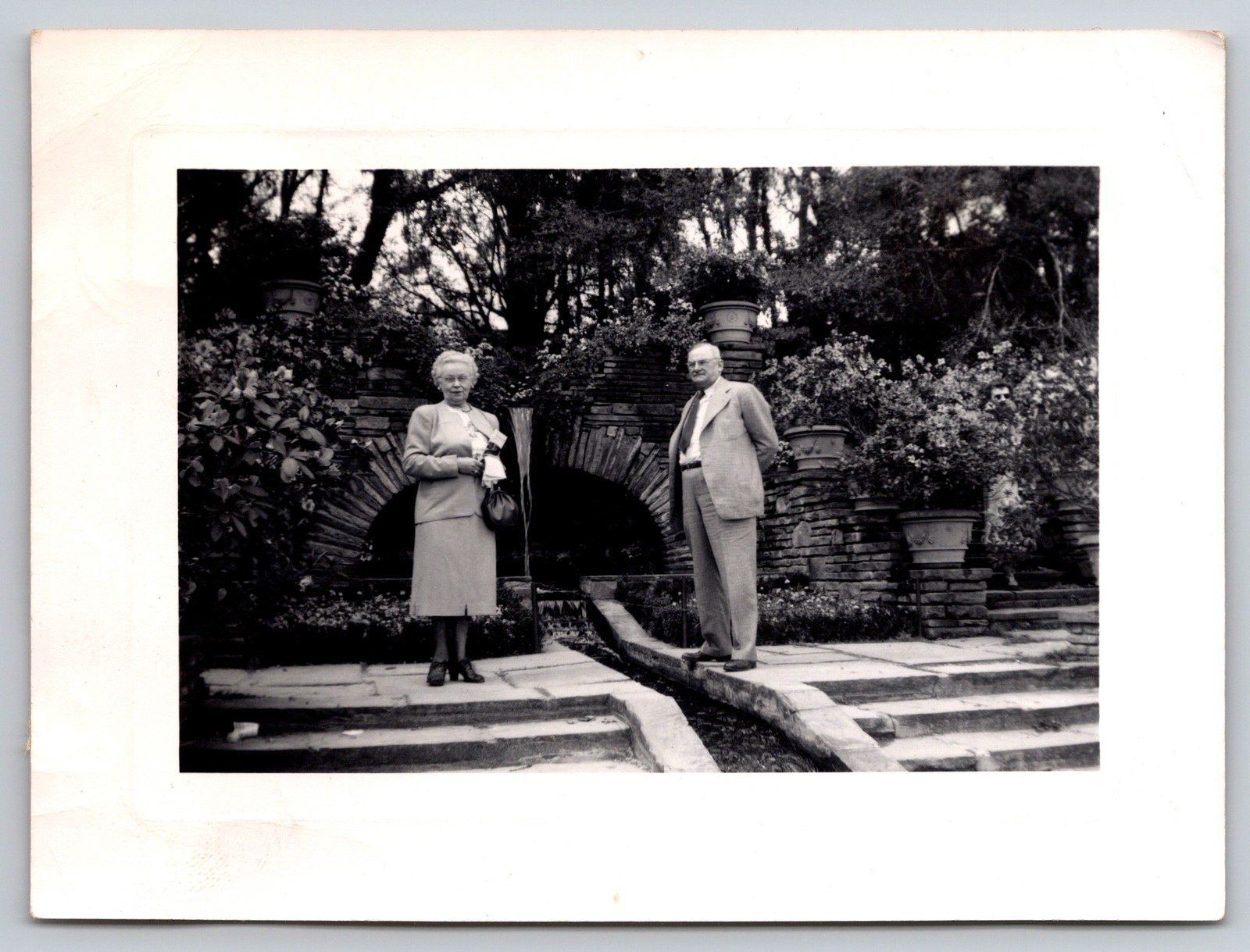 Vintage Photograph Older Couple Stone Garden Grotto Arch Potted Plants 1949