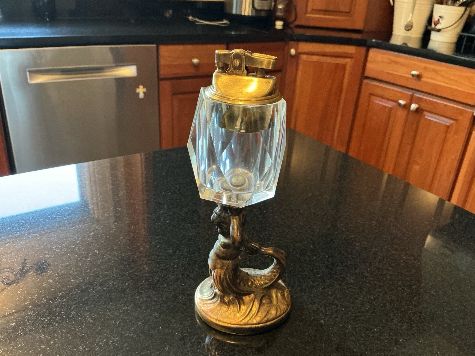 Rare vintage japen promotional brass mermaid glass lamp lighter