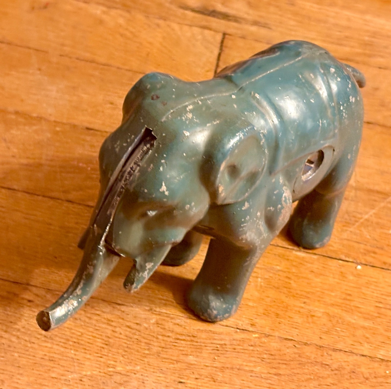 Vintage antique blue metal elephant coin bank