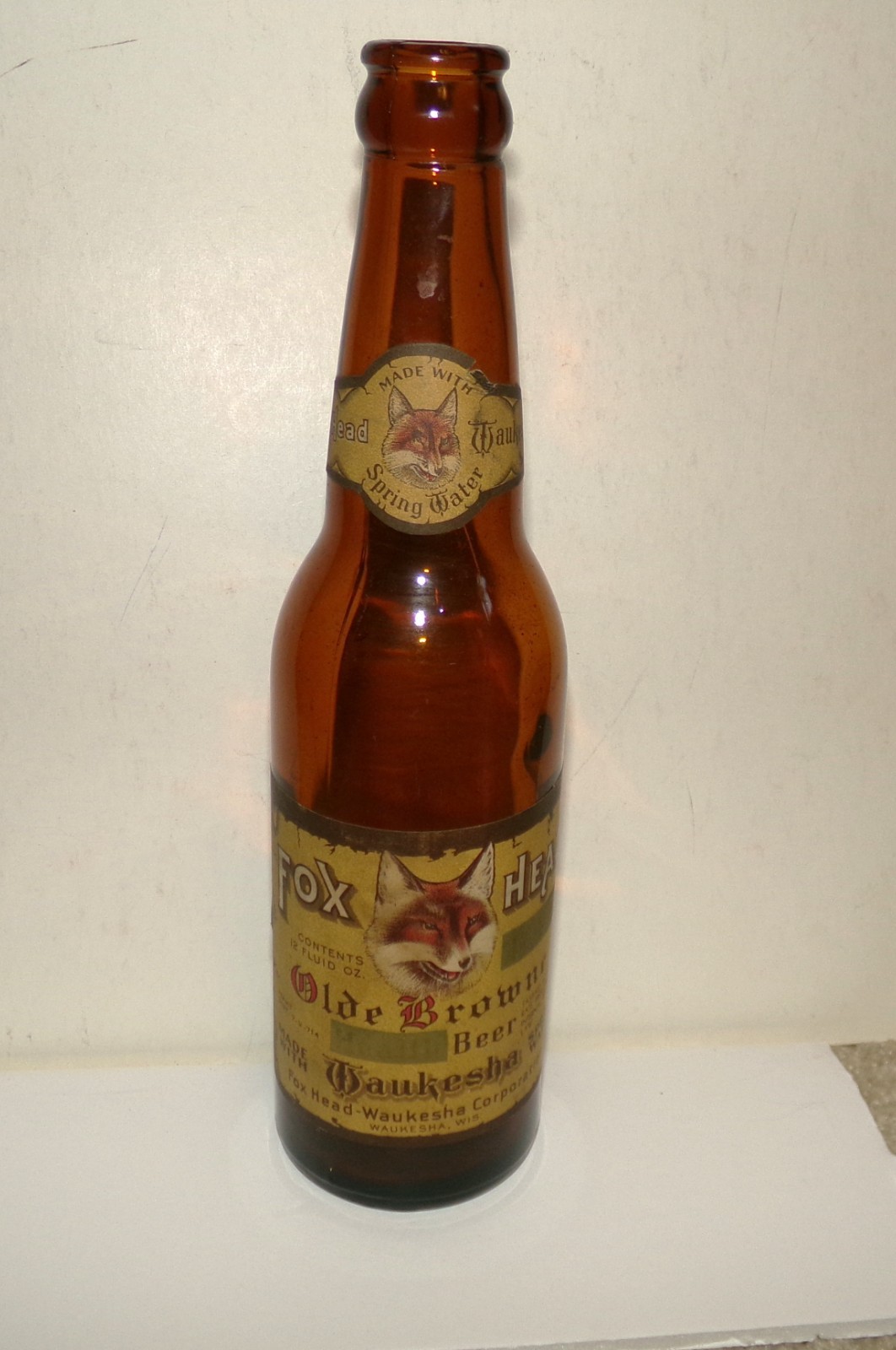 1930's FOX HEAD OLDE BROWNE beer IRTP 12 oz bottle WAUKESHA WISCONSIN