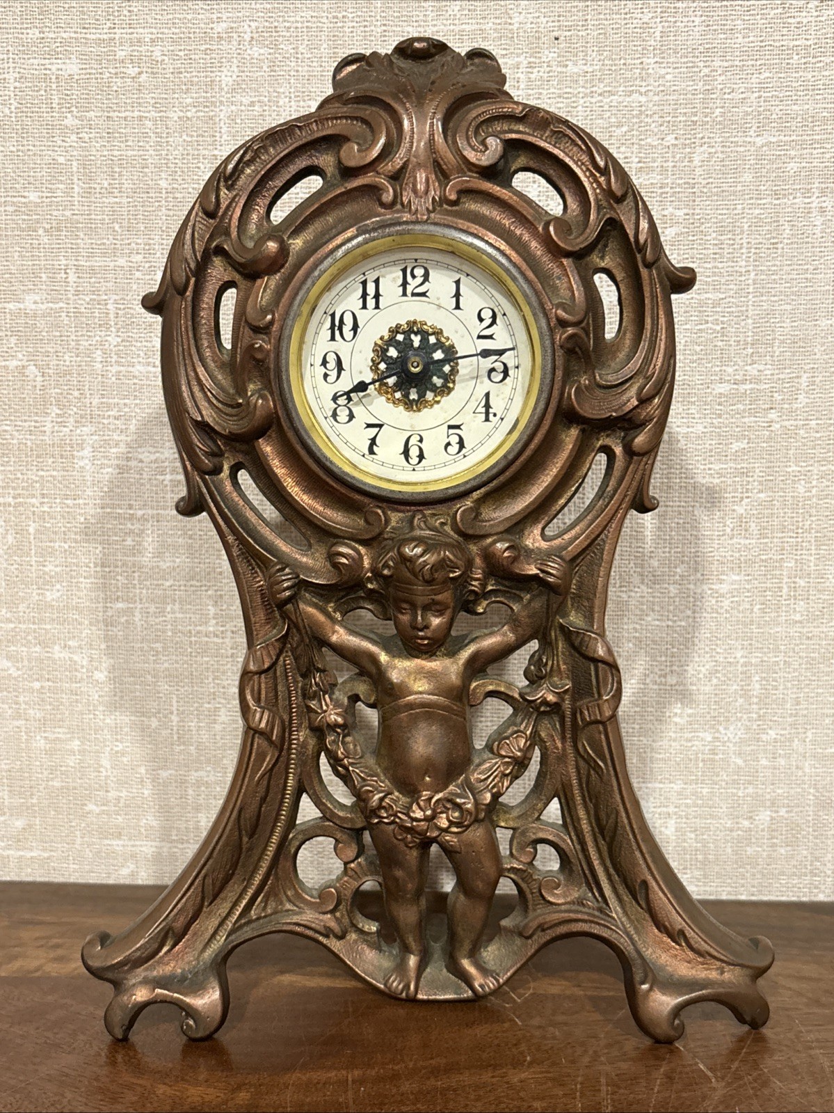Antique Cast Brass Or Bronze Art Nouveau Figural Cherub Clock - Working