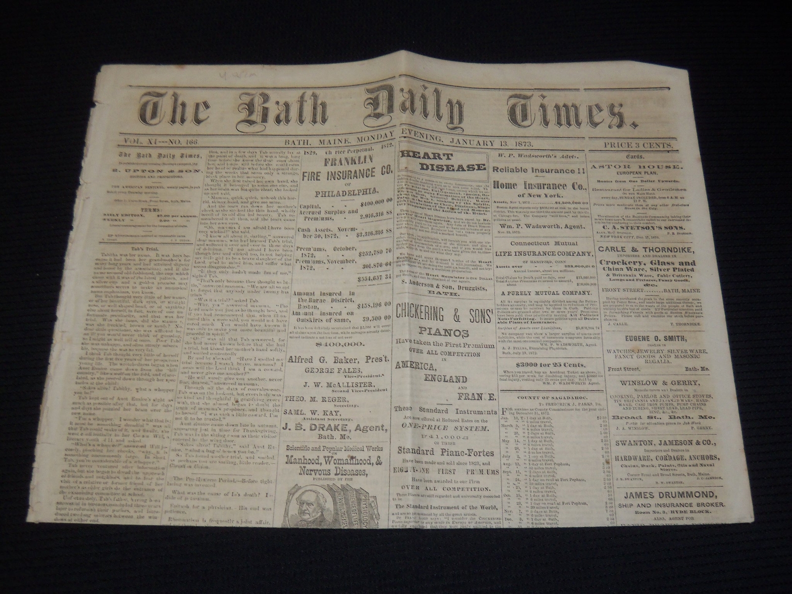 1873 JANUARY 13 THE BATH DAILY TIMES NEWSPAPER - BATH MAINE - NP 3879E 1873 JANUARY 13 THE BATH DAILY TIMES NEWSPAPER - BATH MAINE - NP 3879E