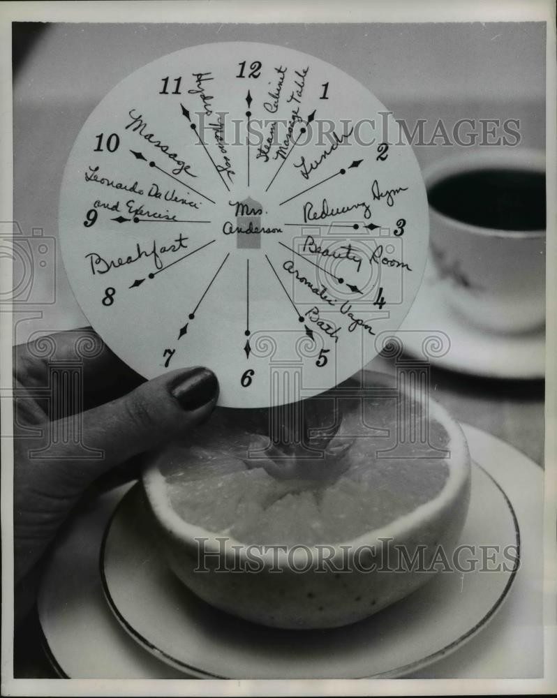 1959 Press Photo Schedule at Golden Door Spa is pretty Hectic as clock shows. 1959 Press Photo Schedule at Golden Door Spa is pretty Hectic as clock shows.