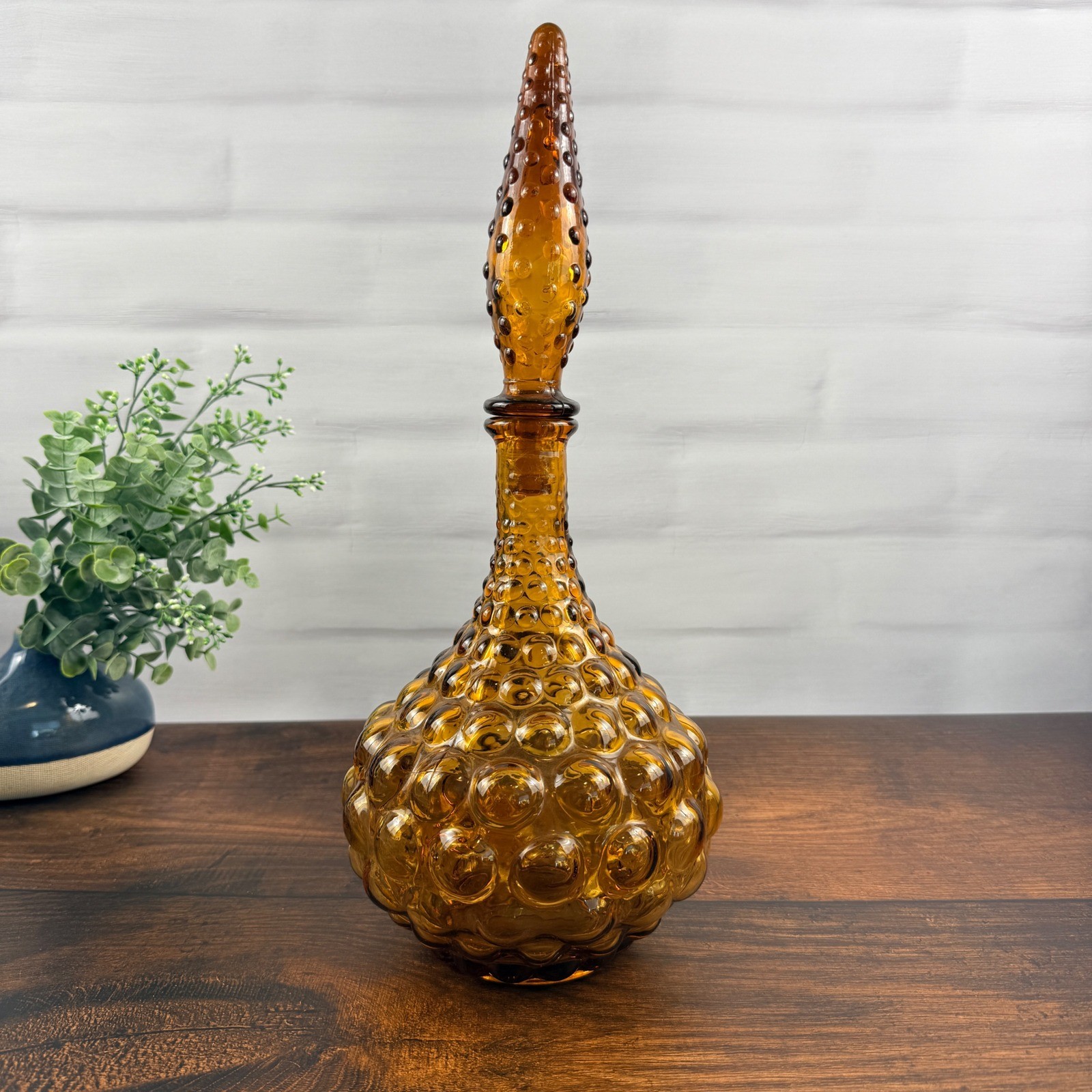 Empoli Large Bubble Squat Amber Genie Bottle Decanter Italian Glass MCM