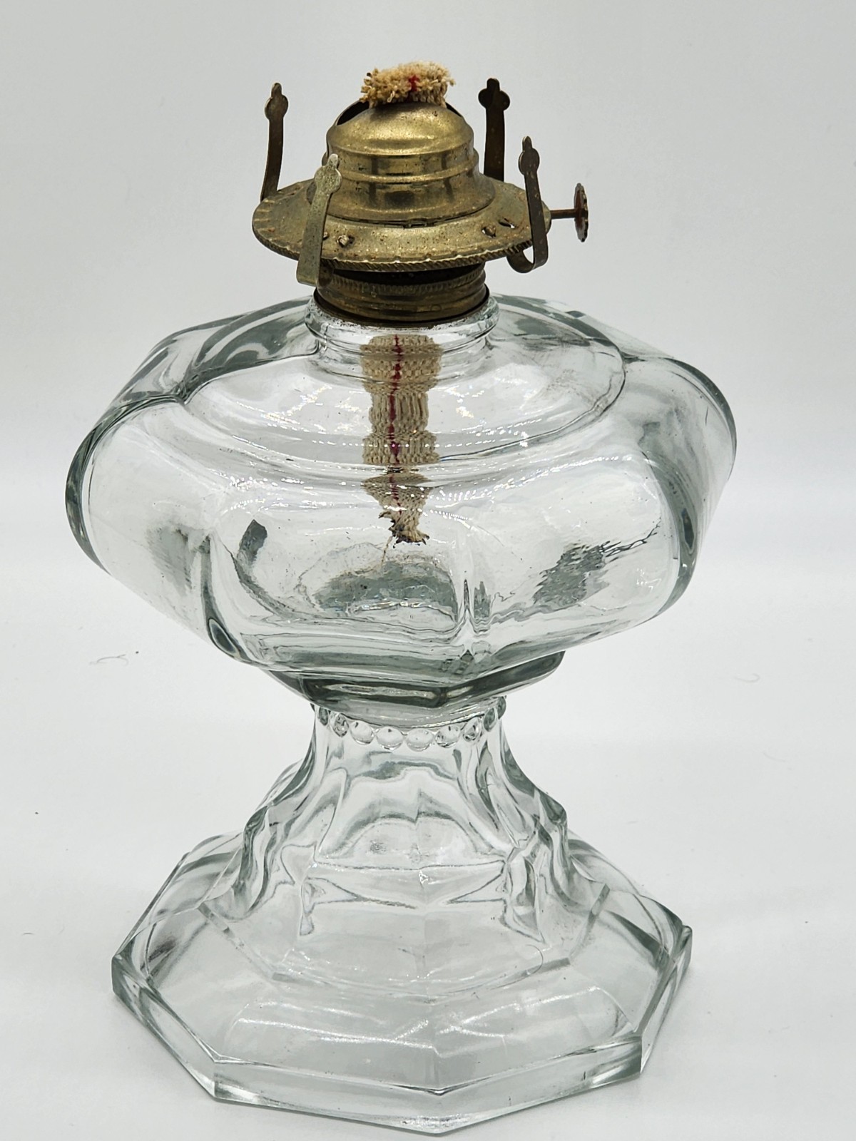 Clear Glass Oil Lamp Octagon Pedestal Brass Burner 3\