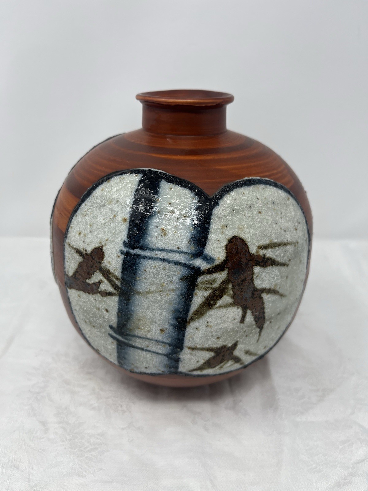 Vintage Japanese Okinawa Style Pottery Medium Globular Vase Hand Painted 7” x 6”