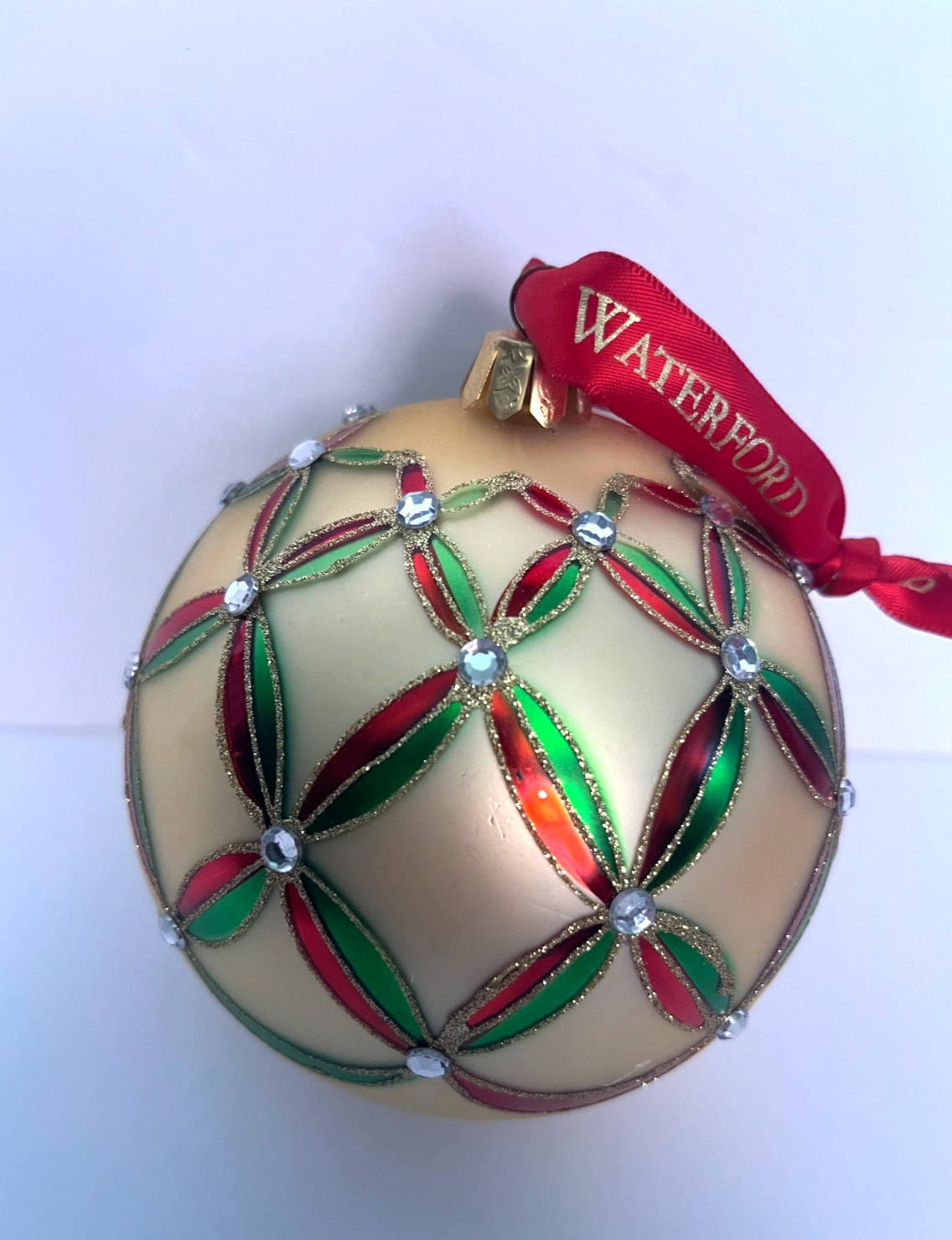 Waterford large round geometric glass ornament gold red green rhinestone accent