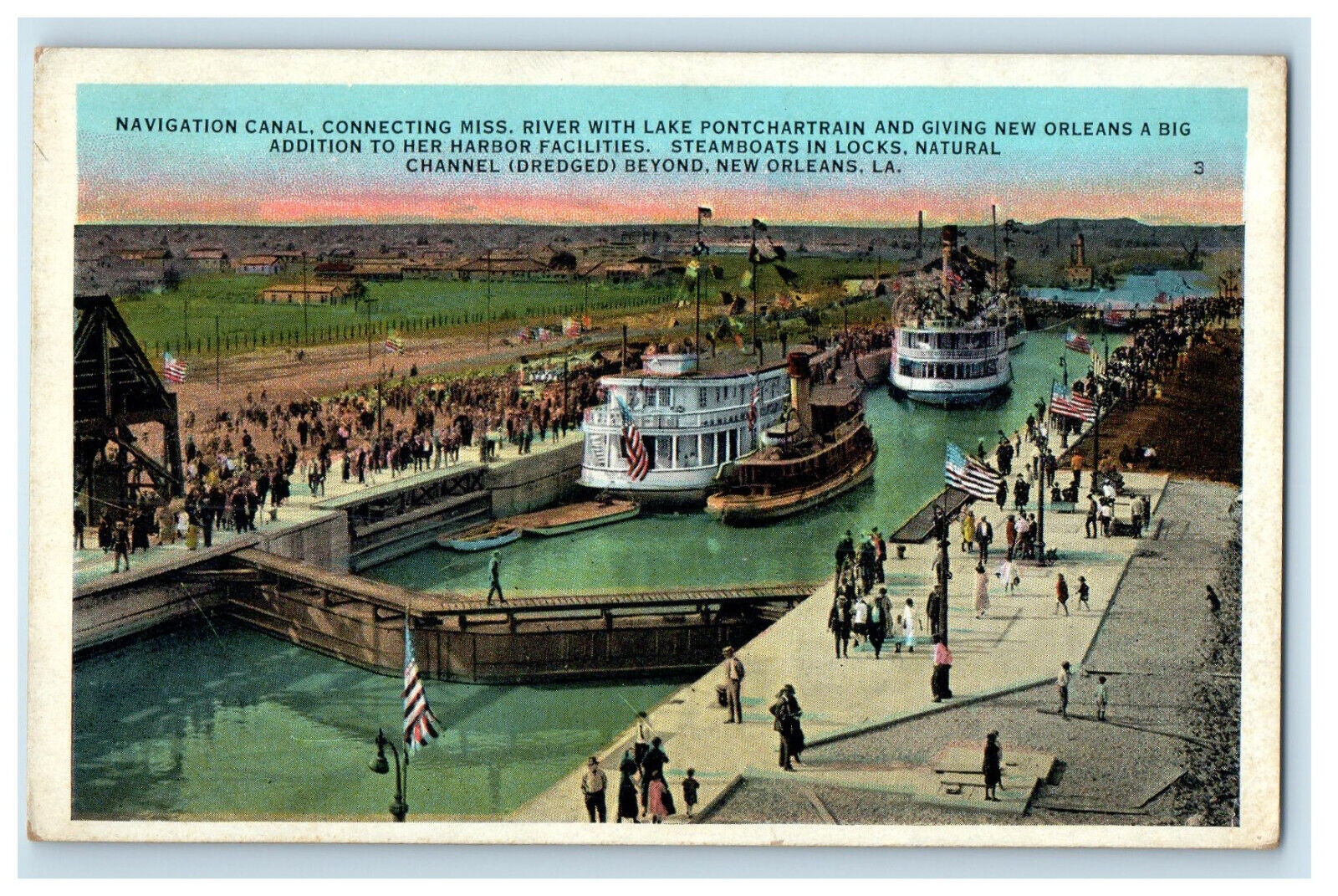 c1920s Navigational Canal, Two Steamships, Harbor Scene, New Orleans LA Postcard