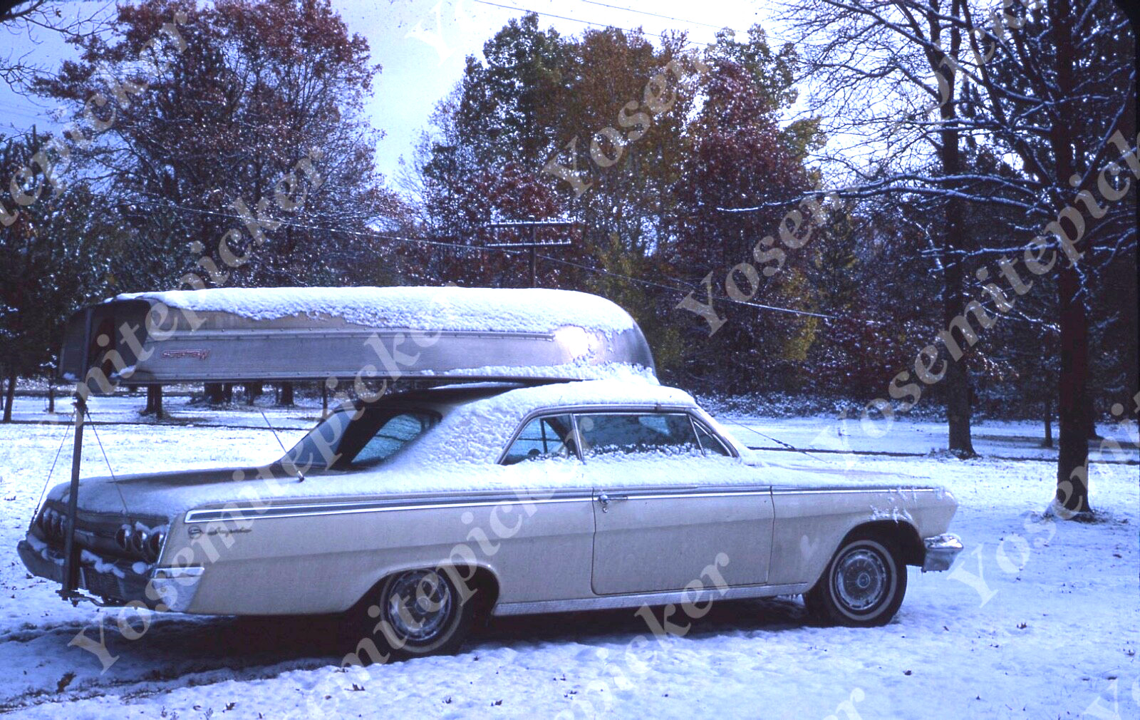 sl08 Original Slide 1964 snow Chevy Impala car 086a