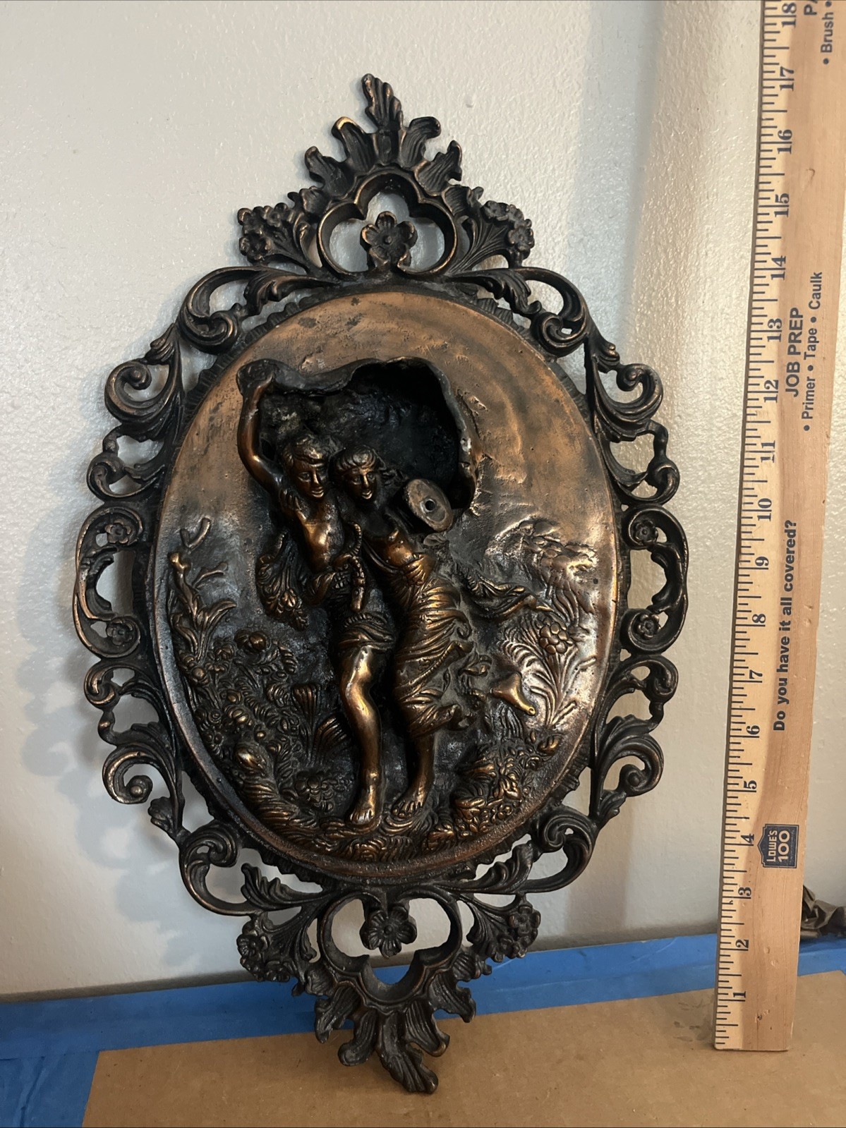 Vintage Cast Spelter Bronze Finish Figural Wall Plaque Rococo Baroque Relief