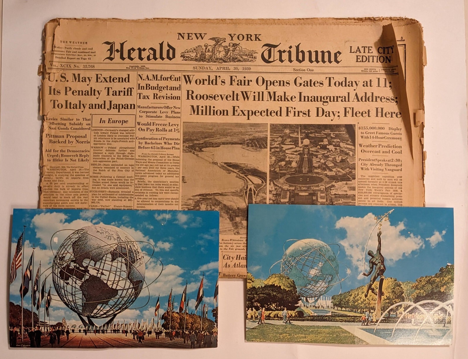 RARE New York Herald Tribune - World's Fair Opens, April 30, 1939 & 2 Postcards 