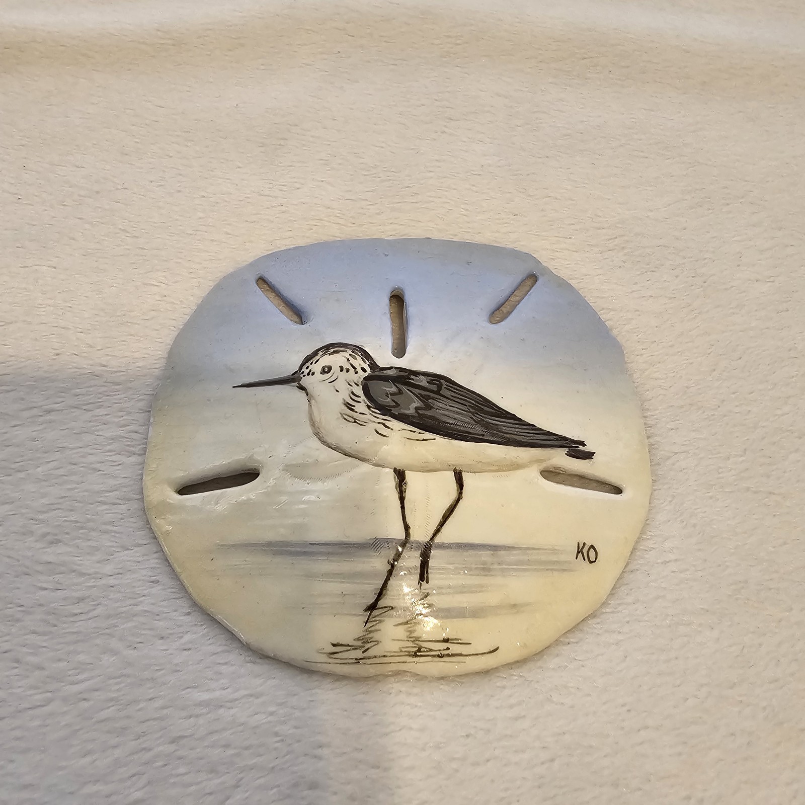 Hand Painted Seagull Scene On Sand Dollar Signed Coastal Beachy Decor