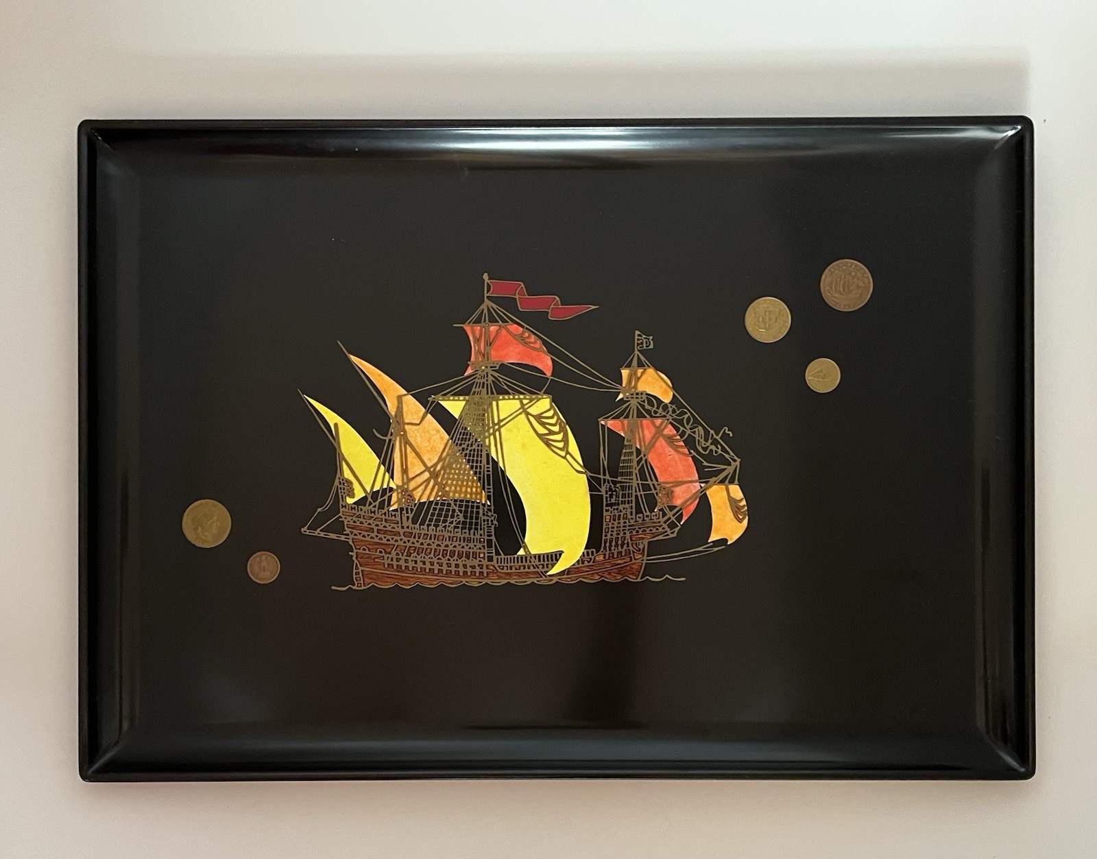 Rare Vtg Mid Century Large COUROC Monterey California “Ship With Coins” 18 X 12”