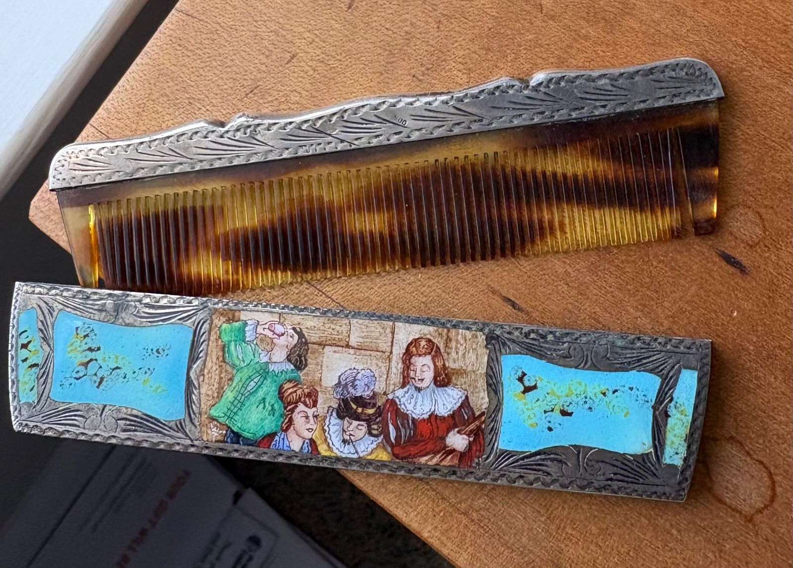 Vintage Italian 800 Silver Enamel Hand-Painted Comb w Case Renaissance Scene 59g